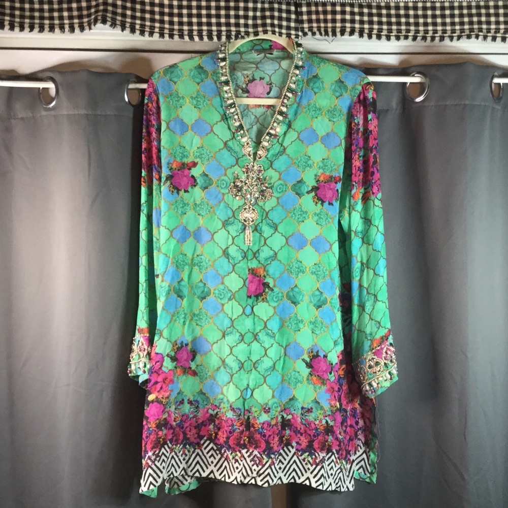 Chinyere Pakistani Beaded Embellished Floral Tunic - M